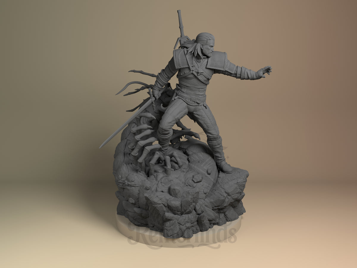 Geralt of Rivia from The Witcher is an unpainted resin figure in a right-facing pose, sword drawn, on a rocky base.