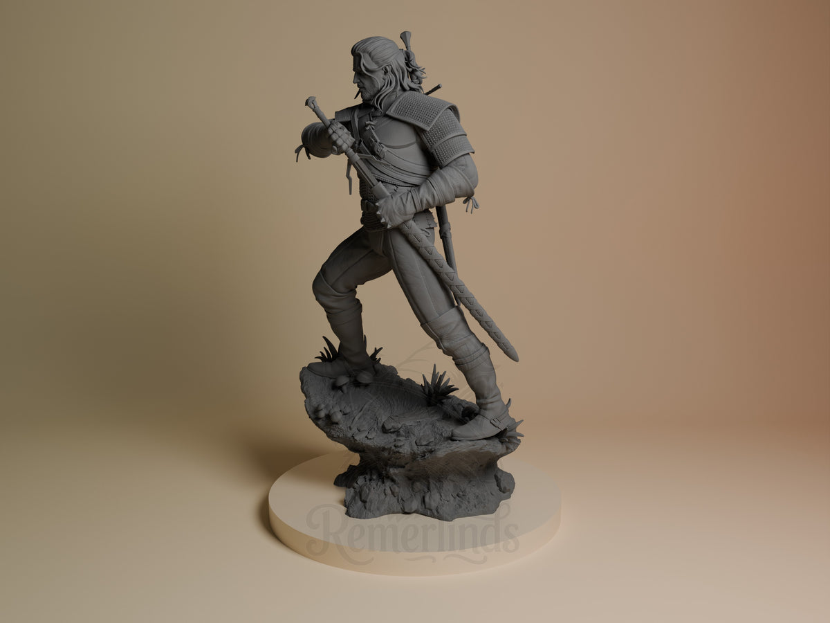 Geralt of Rivia resin figure in dynamic combat pose, holding sword and monster trophy, unpainted gray finish on textured rocky base, angled three-quarter view.