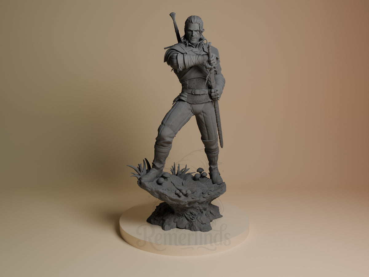 Geralt of Rivia resin figure from The Witcher in dynamic standing pose with sword, unpainted gray finish, rocky base, front view.
