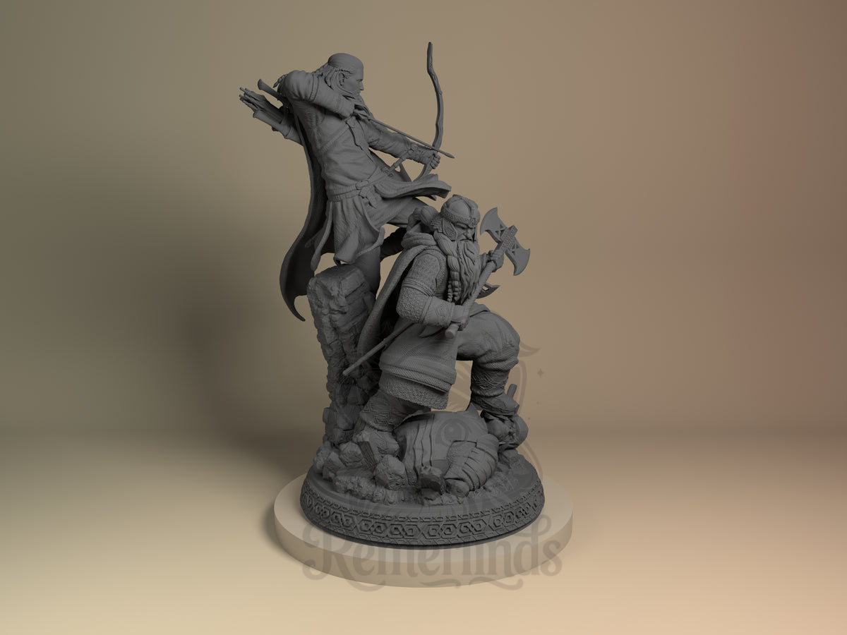 Right view shows unpainted resin figure of Gimli and Legolas with axes and bow on sculpted base from Lord of the Rings.