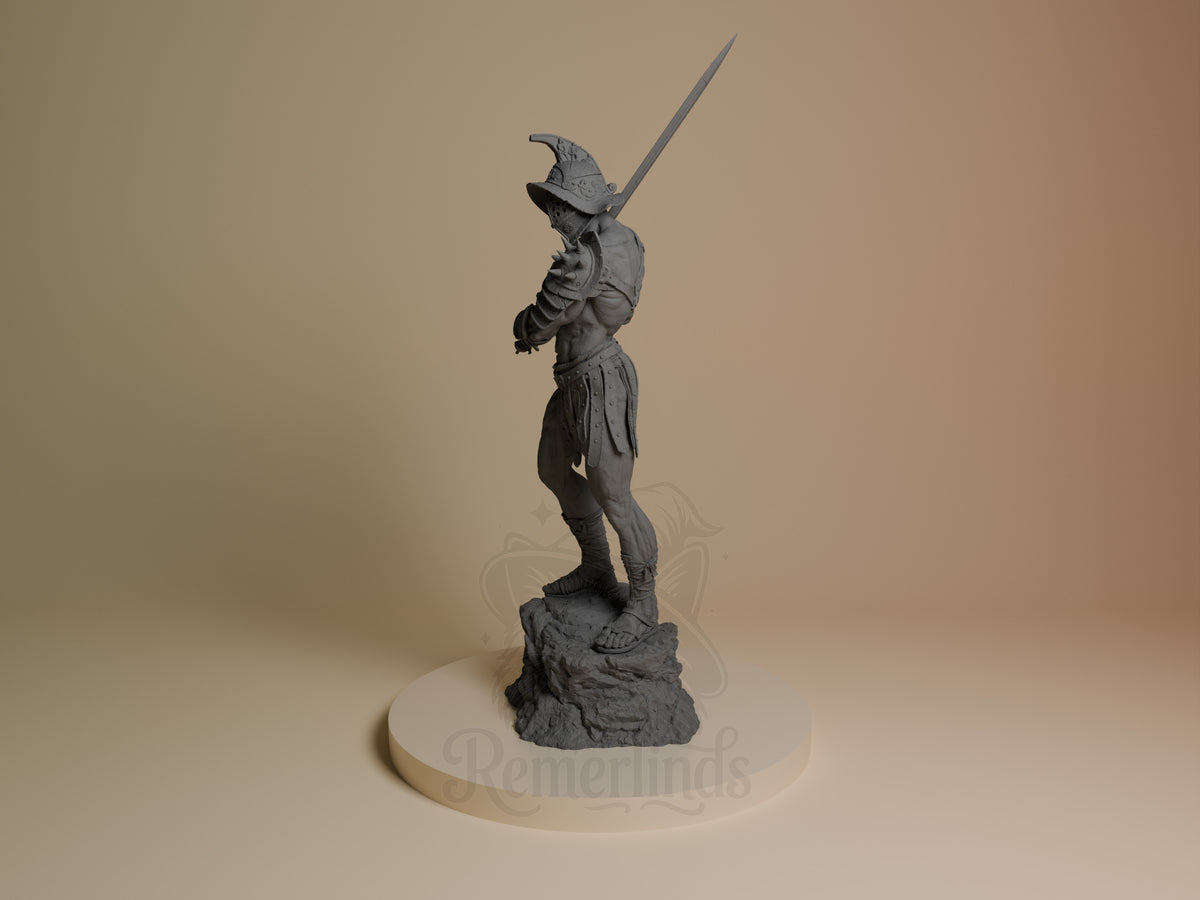 Unpainted gray resin gladiator figure in side profile stance, wielding upright sword, standing on textured rocky base.