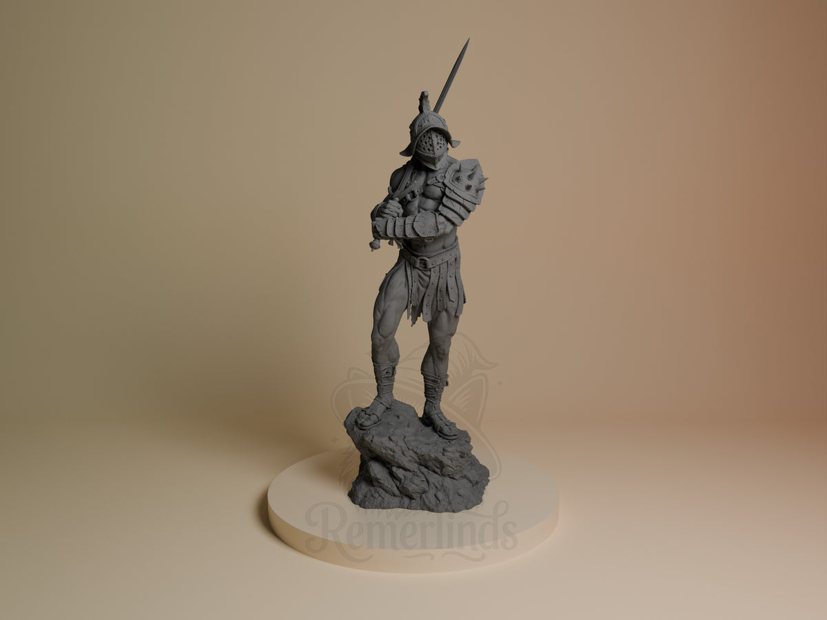 Unpainted gray resin gladiator figure standing on rocky base, holding shield and spear, front view from CA3D Studios.