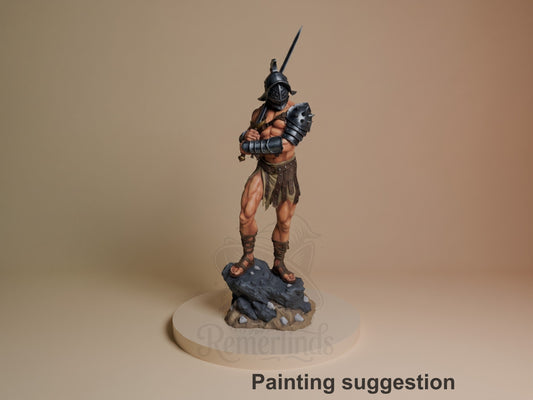 Painted Gladiator from Original Art resin figure stands front-facing on a sculpted rocky base.