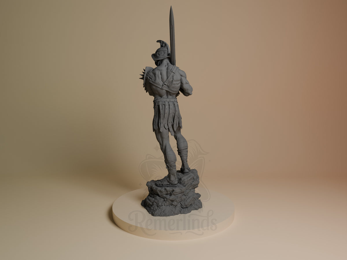 Gladiator resin figure viewed from behind, holding sword aloft, standing on rocky base, unpainted gray finish.