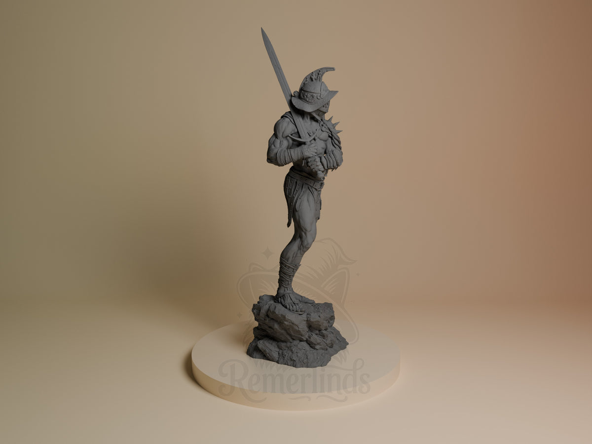Gladiator resin figure standing on rocky base, holding sword overhead, wearing spiked armor and helmet, shown from right side angle, unpainted gray.