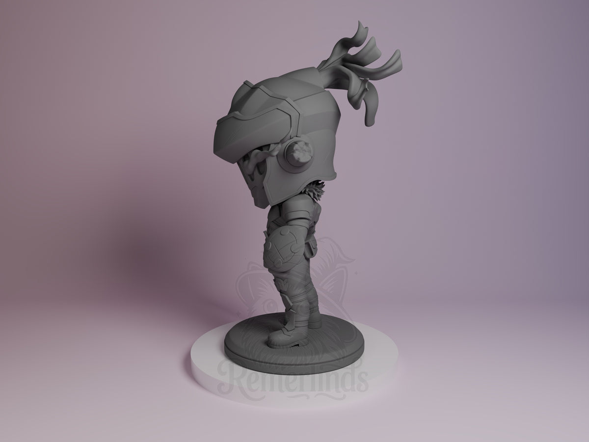 Goblin Slayer resin Chibi figure from Goblin Slayer displayed on circular base, shown from side angle in unpainted gray with detailed armor and distinctive head design.