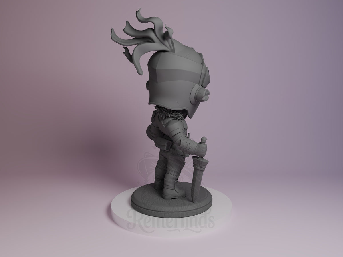 Goblin Slayer resin Chibi figure viewed from back, unpainted gray, dynamic pose with flowing hair and sword, circular base.