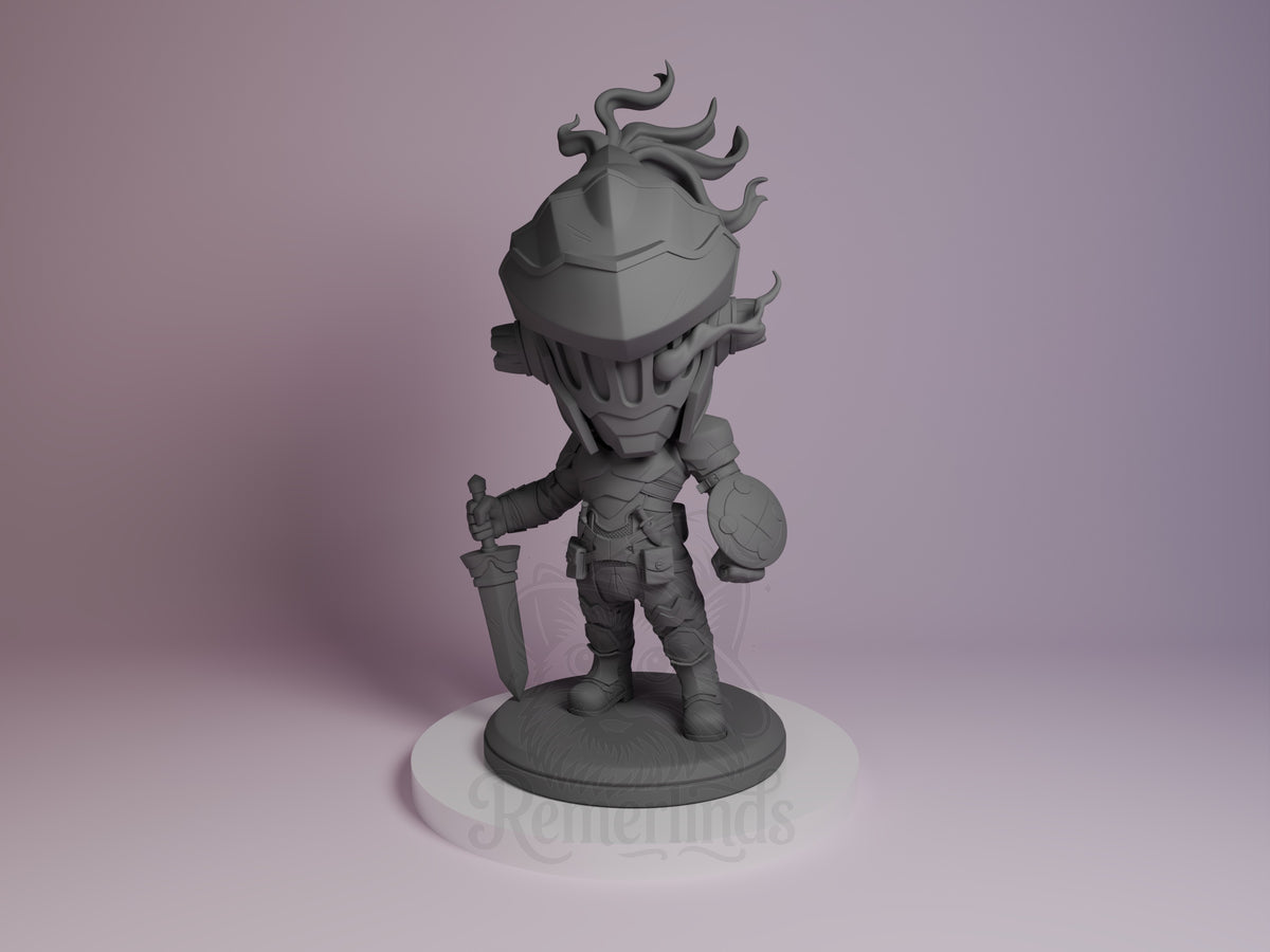 Goblin Slayer resin Chibi figure front view, unpainted gray, holding sword and shield with distinctive spiky hair, on round base.