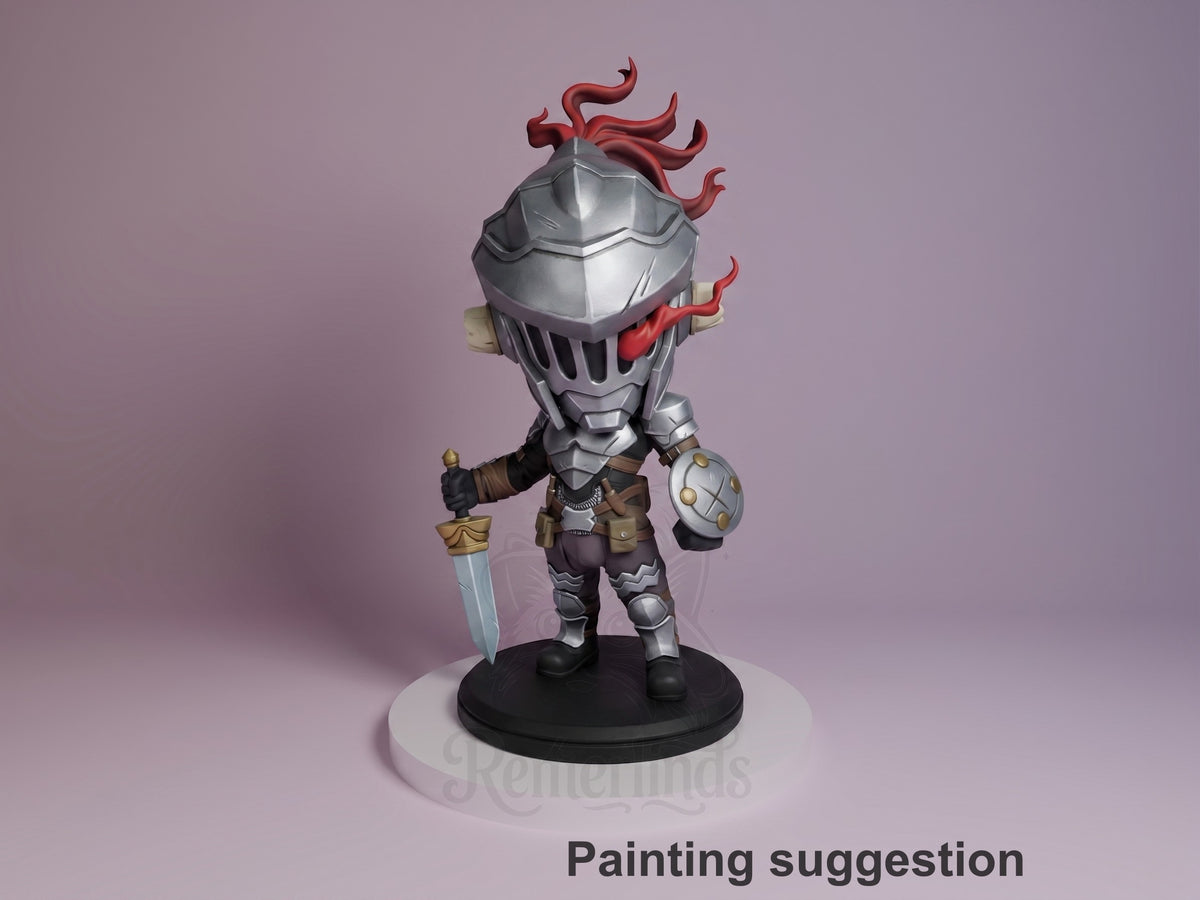 Goblin Slayer chibi resin figure painted in silver armor with red flame hair, holding sword and shield, posed on black base against purple background.