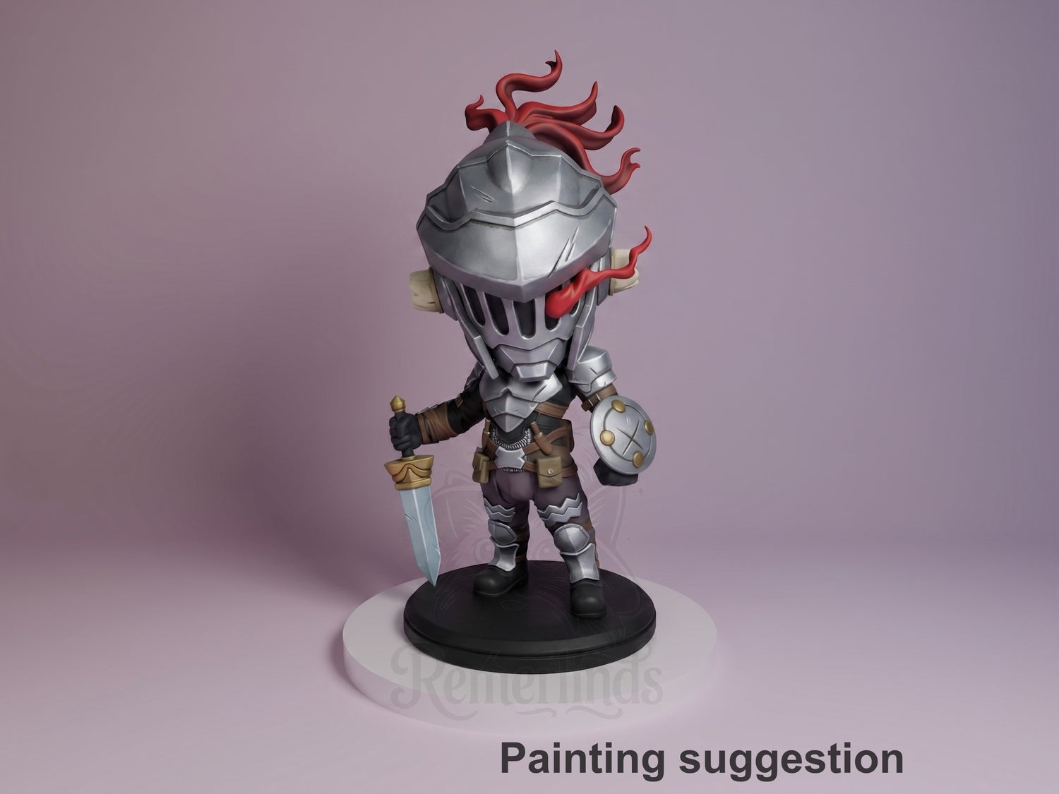 Goblin Slayer chibi resin figure painted in silver armor with red flame hair, holding sword and shield, posed on black base against purple background.