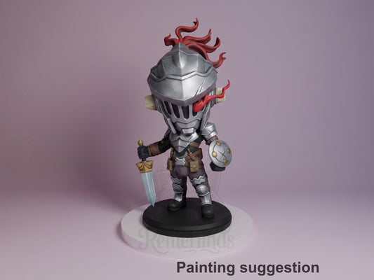 Goblin Slayer chibi resin figure painted in silver armor with red flame hair, holding sword and shield, posed on black base against purple background.