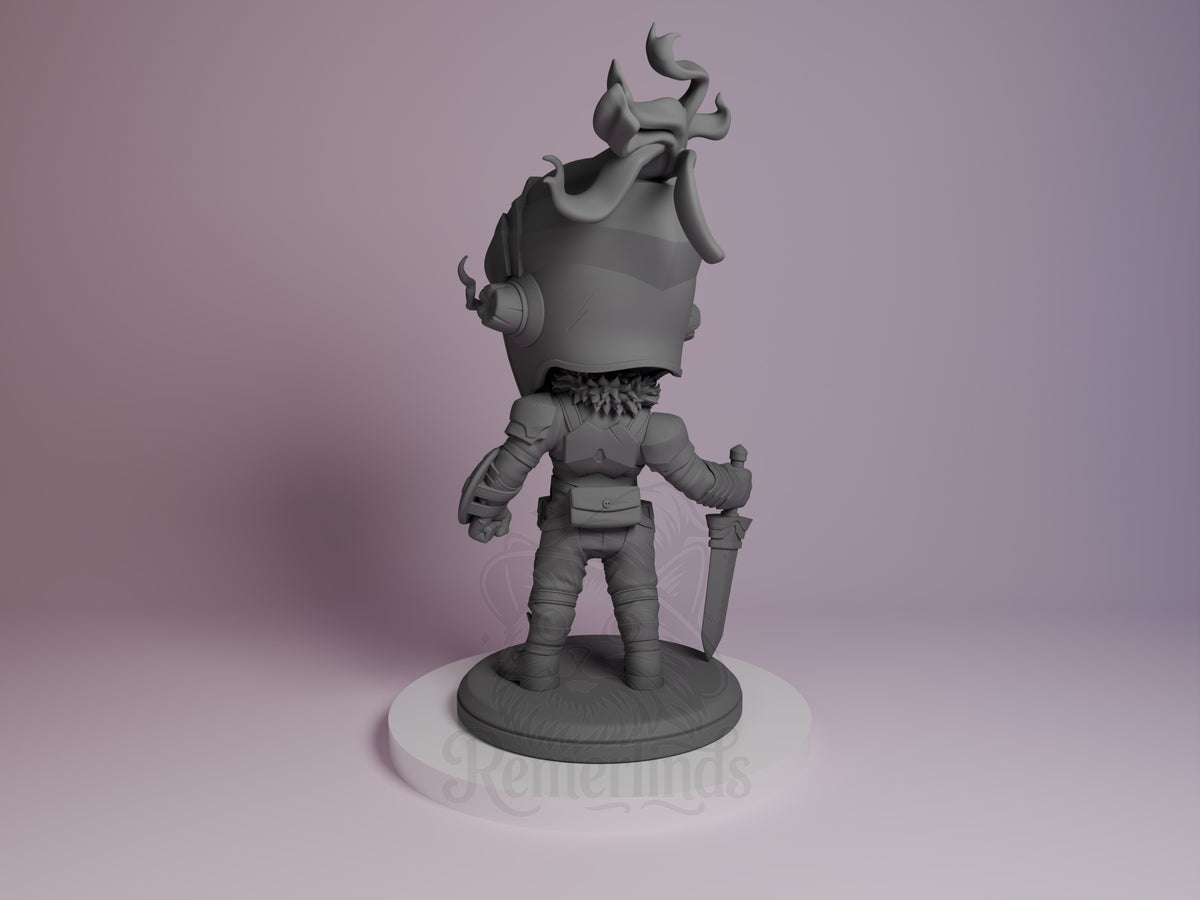 Goblin Slayer resin Chibi figure from left angle, unpainted gray showing detailed armor, sword, and distinctive horned helmet on circular base.