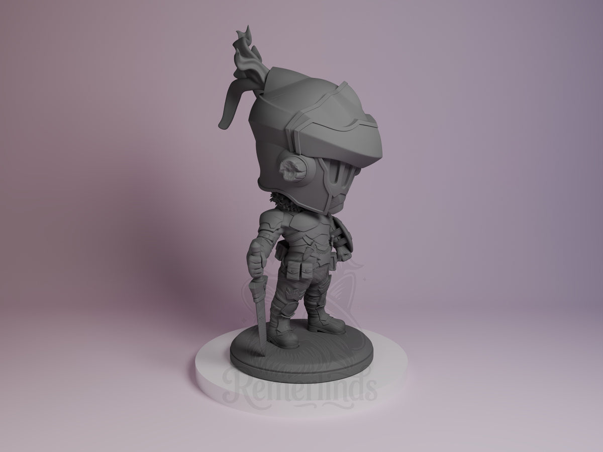 Goblin Slayer resin Chibi figure shown from the right side, displaying detailed armor and helmet with sword, unpainted gray resin on round base.