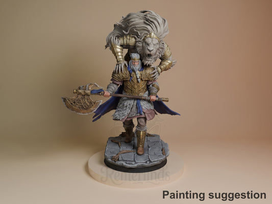 Godfrey from Elden Ring 3D resin figure painted in gold armor and white hair, holding an ornate axe, mounted on a stone base against neutral background.