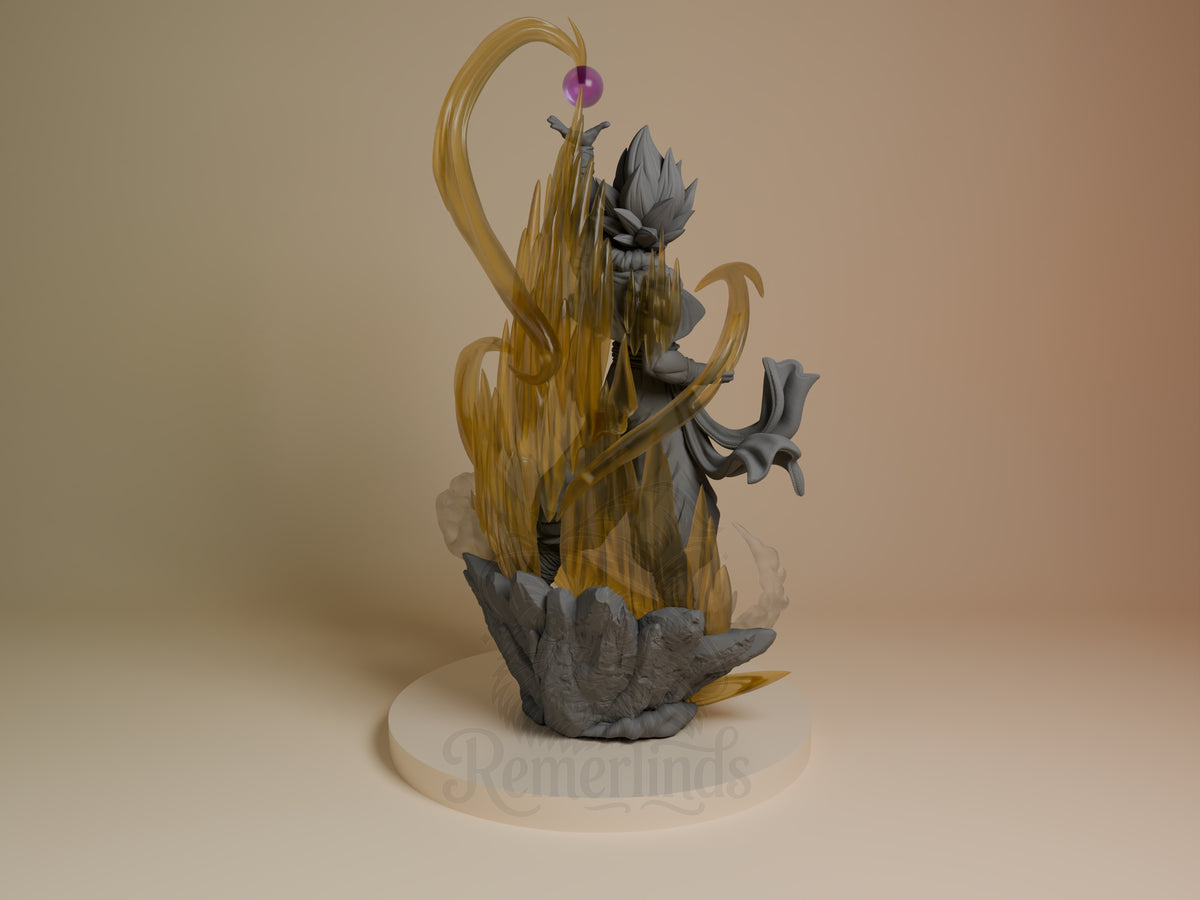 Back view of Solar Vanguard from Dragon Sphere Y, an unpainted resin figure with gold effects and sculpted base.