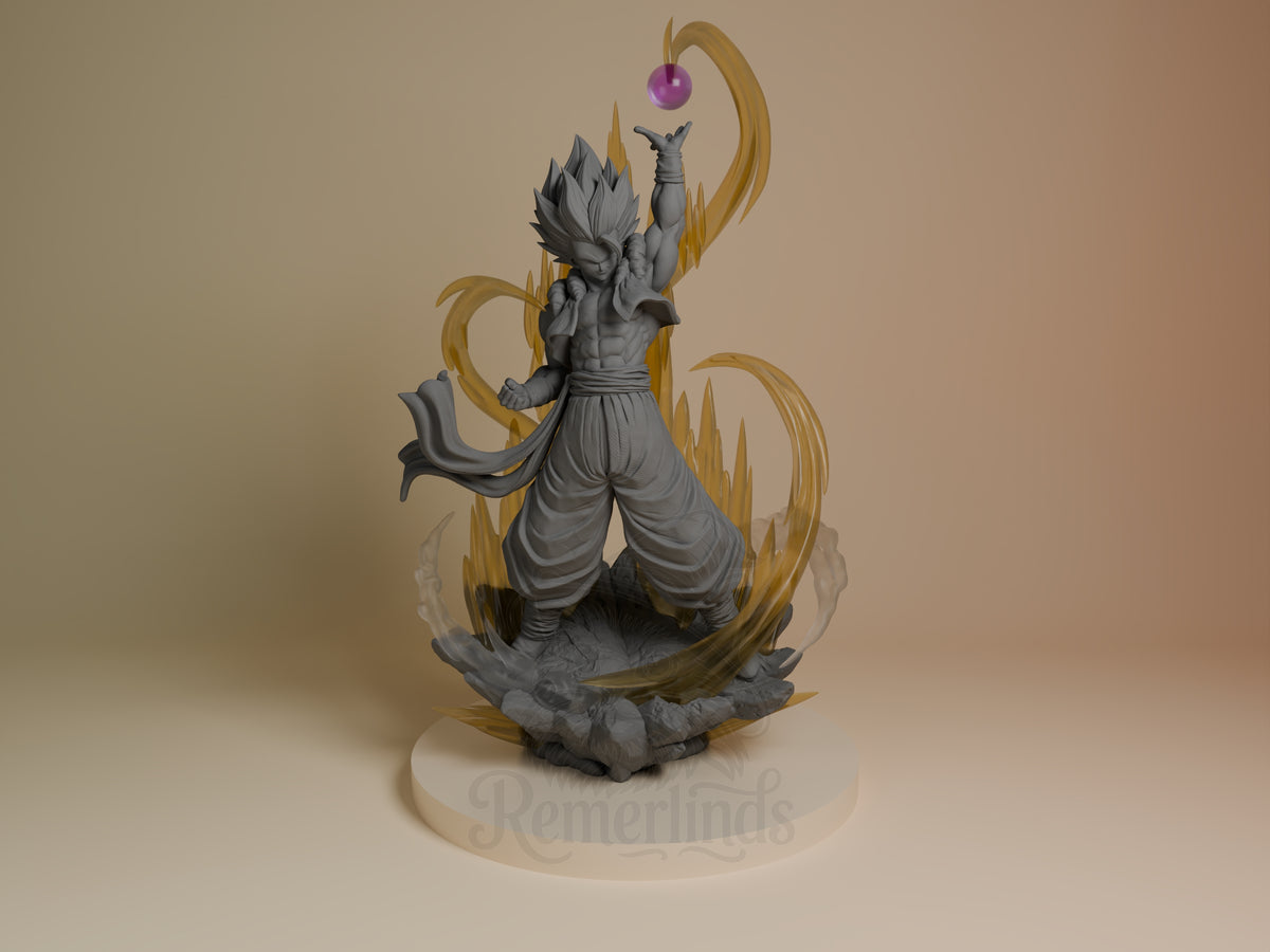 Front view shows Solar Vanguard from Dragon Sphere Y, an unpainted gray resin figure raising an arm on a sculpted base.