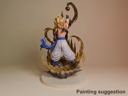 Solar Vanguard resin figure in dynamic pose with spiky blonde hair, muscular torso, white pants, and brown energy effects, painted with blue cape detail on beige base.