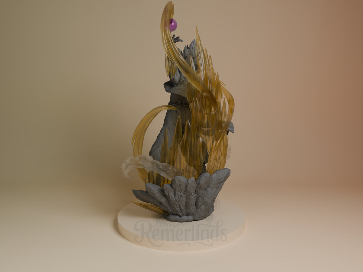Solar Vanguard from Dragon Sphere Y resin figure, painted gold and gray, shown side-on on a sculpted rocky base.