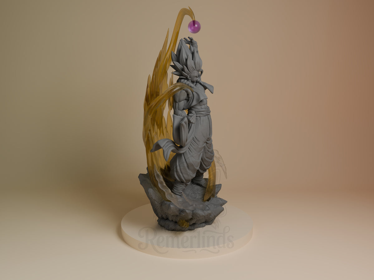 Right-side view of Solar Vanguard from Dragon Sphere Y, an unpainted resin figure with sculpted base and energy effects.