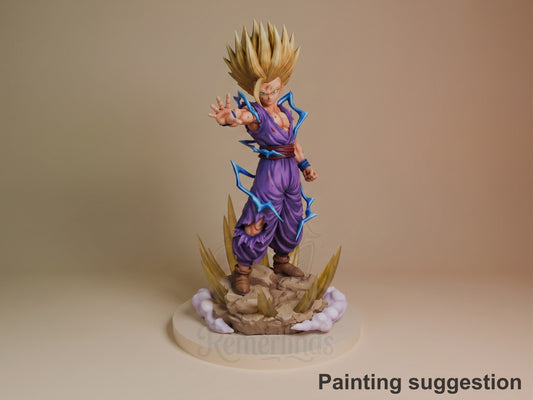 Solar Tempest resin figure in Super Saiyan form with spiky blonde hair, purple gi with blue accents, posed on rocky base with energy effects, fully painted.
