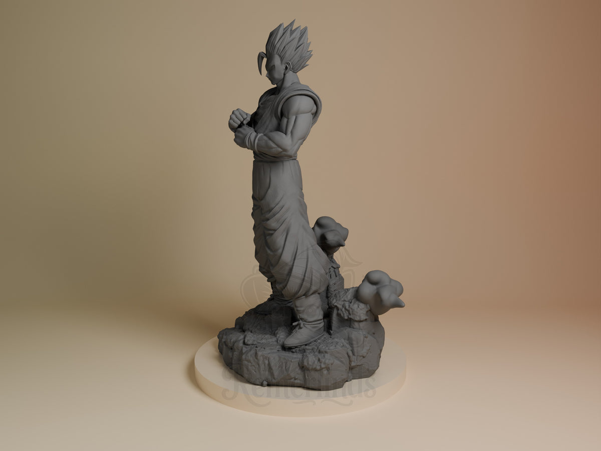 Mystic Scholar Warrior from Dragon Sphere Y is an unpainted resin figure in side profile, arms folded on a sculpted base.
