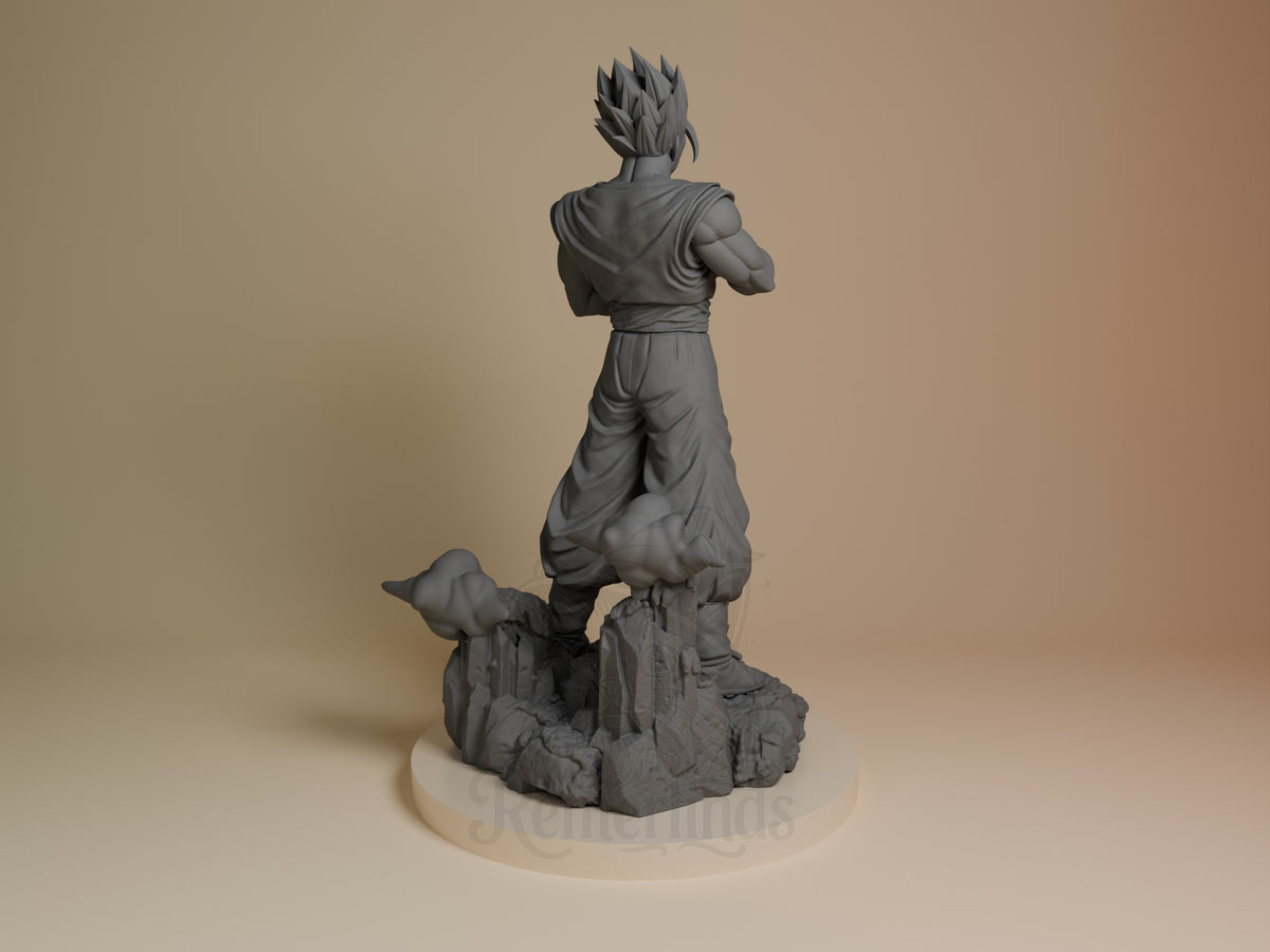 Back view of unpainted Mystic Scholar Warrior, Dragon Sphere Y resin figure on rocky base.