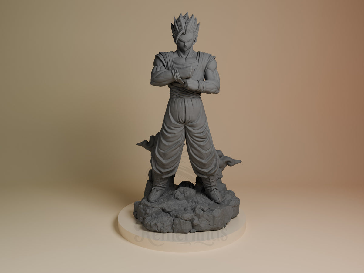 Front view of Mystic Scholar Warrior, a gray unpainted resin figure from Dragon Sphere Y, posed arms crossed on a rocky base.