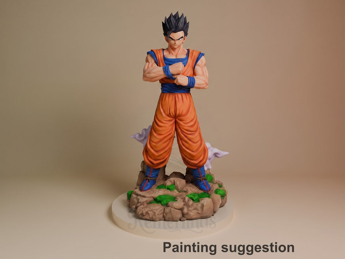 Painted Mystic Scholar Warrior from Dragon Sphere Y stands front-facing with crossed arms on a rocky base as a resin figure.