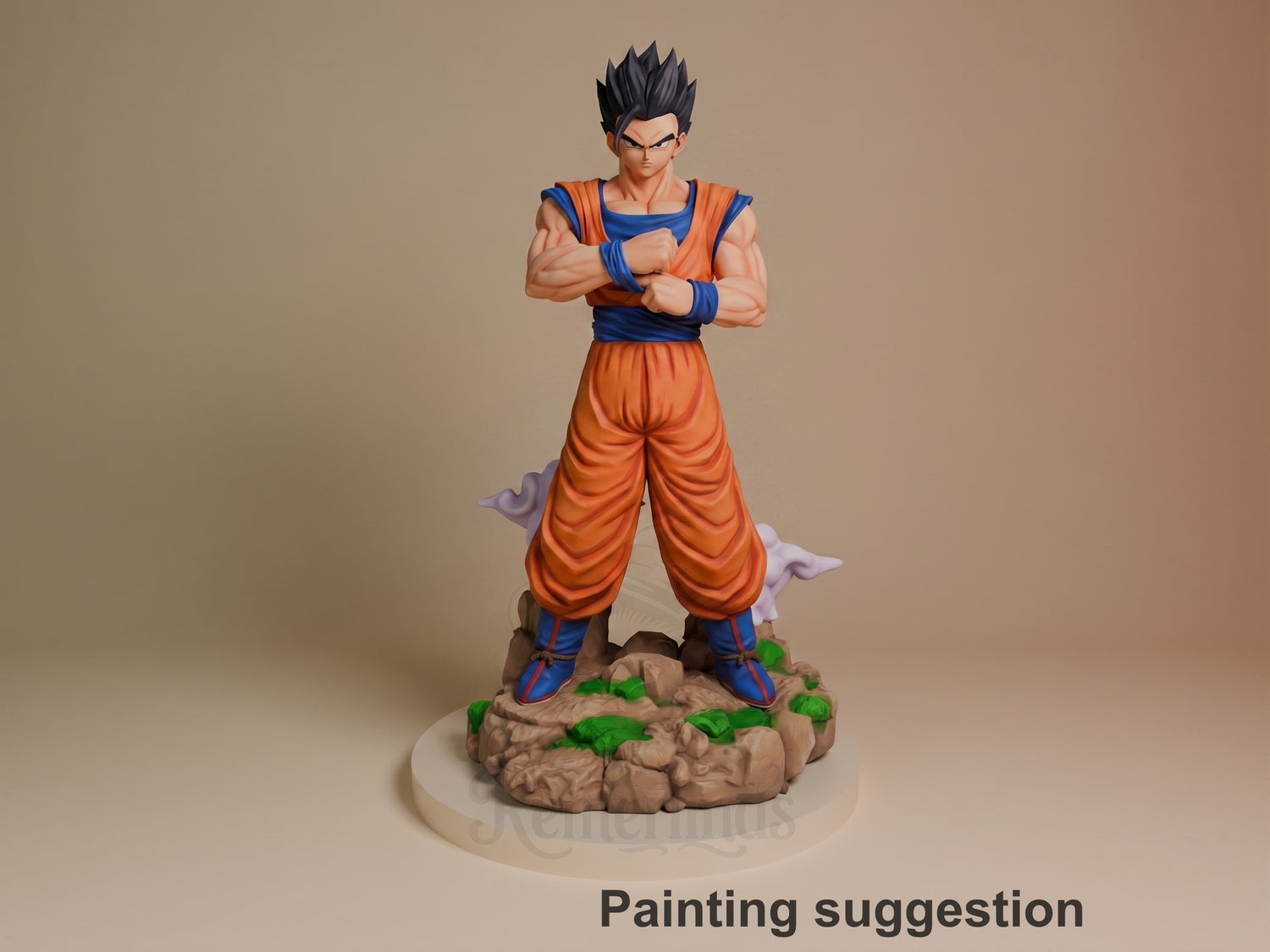Painted Mystic Scholar Warrior from Dragon Sphere Y stands front-facing with crossed arms on a rocky base as a resin figure.