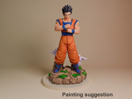 Painted Mystic Scholar Warrior from Dragon Sphere Y stands front-facing with crossed arms on a rocky base as a resin figure.