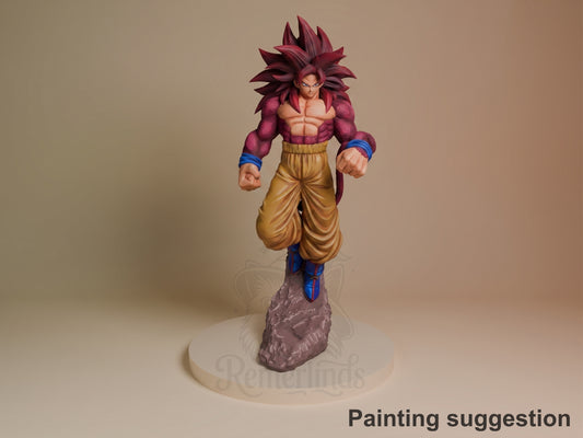 Solar Warrior resin figure in dynamic forward pose, magenta spiky hair and muscular upper body, tan pants with blue accents, standing on rocky base.
