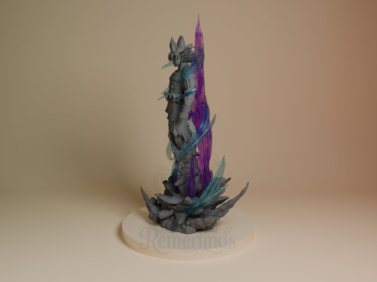 Silver Instinct Fighter from Dragon Sphere Y is an unpainted resin figure in side profile with energy effects on a rocky sc}.