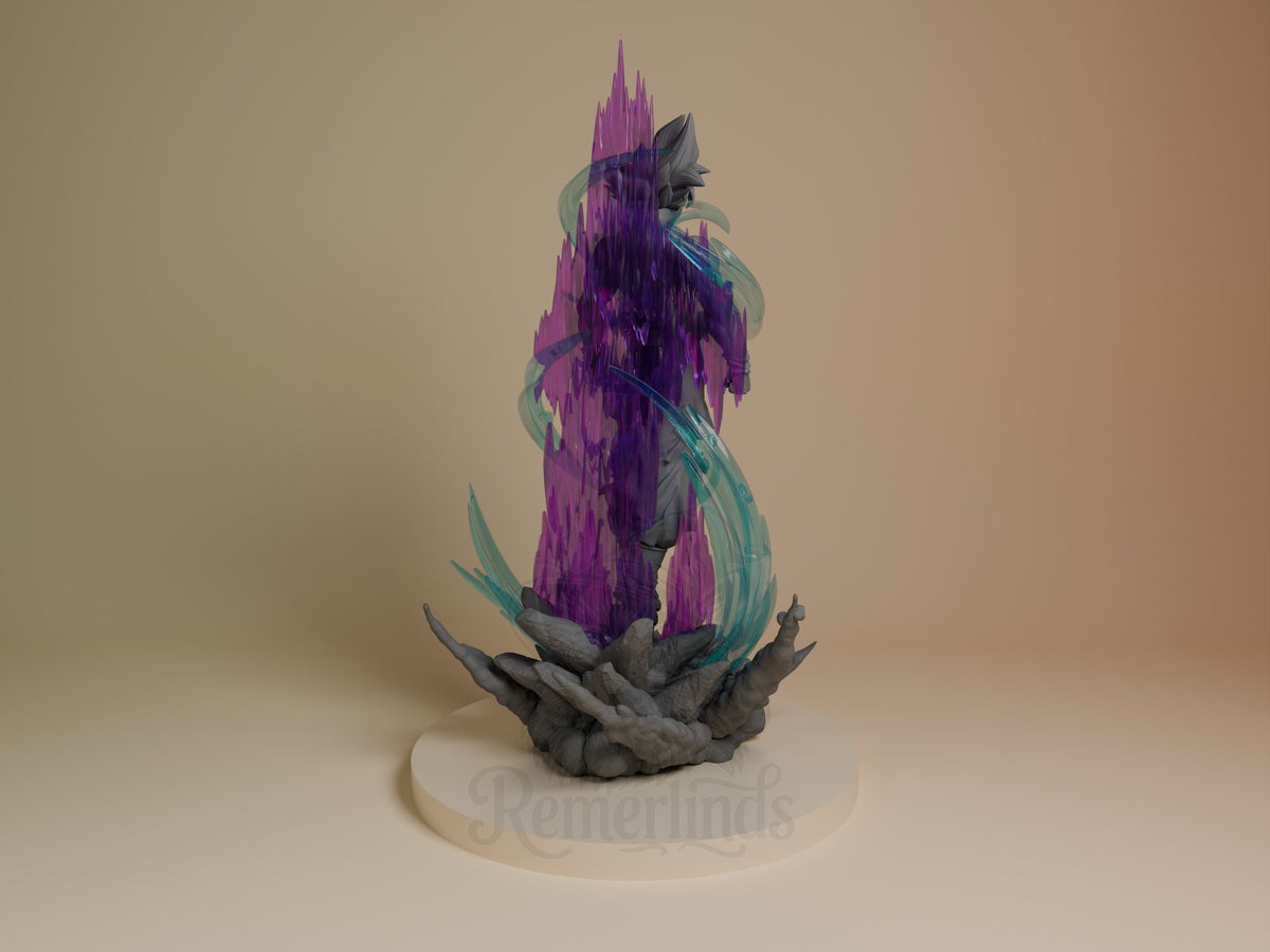 Back view of Silver Instinct Fighter from Dragon Sphere Y, a painted resin figure with purple energy, teal effects, and a st.