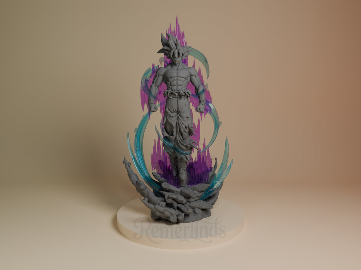 Front-view Silver Instinct Fighter from Dragon Sphere Y resin figure stands with fists closed, unpainted on a rocky base.