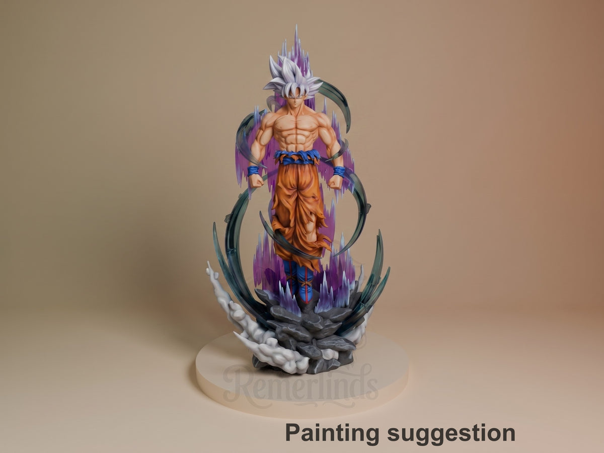 Painted Silver Instinct Fighter resin figure from Dragon Sphere Y stands front-facing on a rocky energy base.