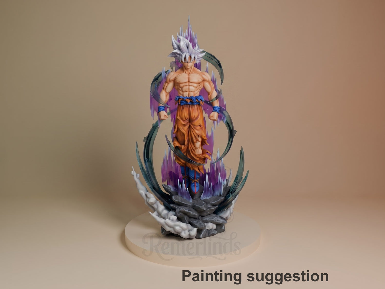Painted Silver Instinct Fighter resin figure from Dragon Sphere Y stands front-facing on a rocky energy base.