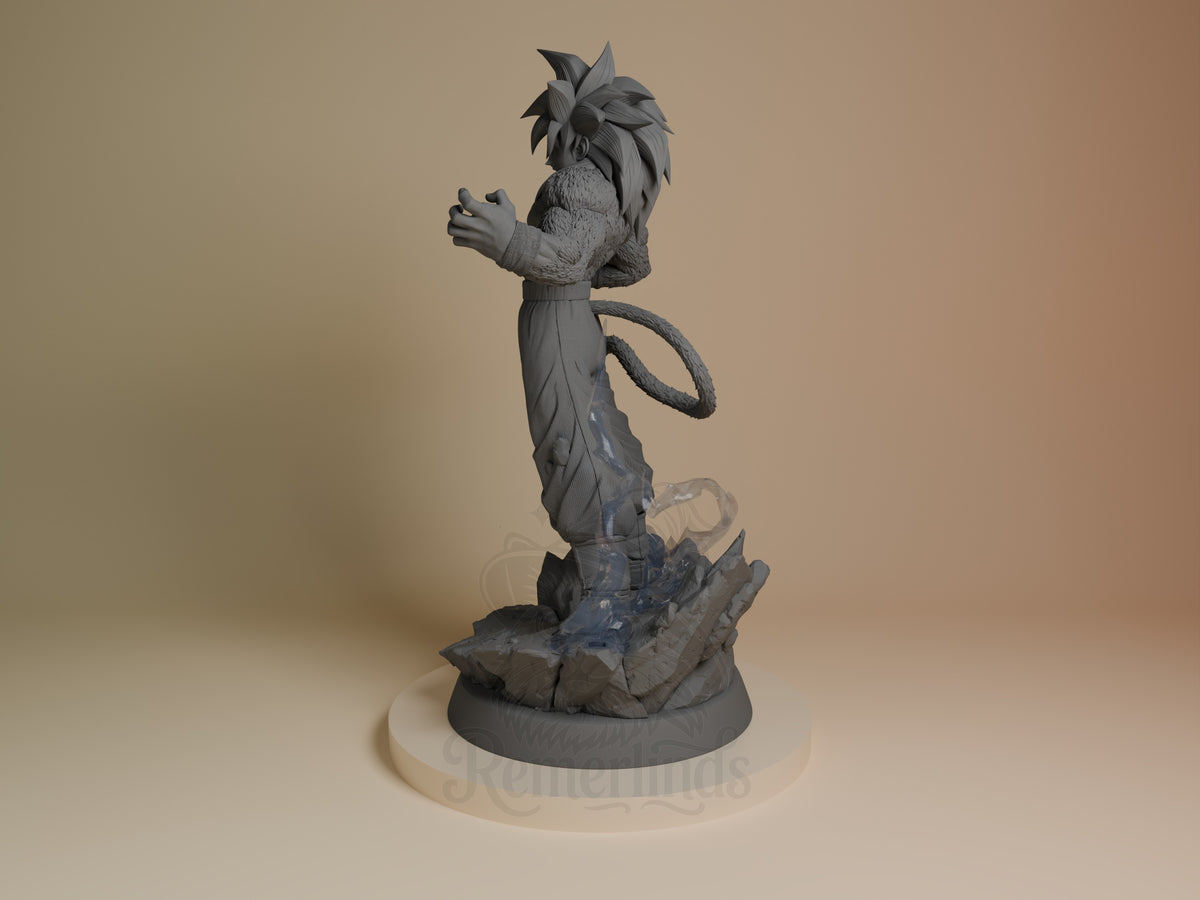 Gakeh resin figure from Dragon Sphere Y shown at angle, unpainted gray resin with spiky hair, dynamic pose holding rope, rocky base, Tanuki design.