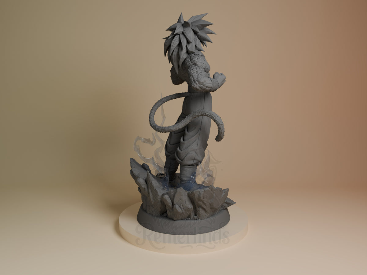 Gakeh resin figure from Dragon Sphere Y shown from back, standing on rocky base with tail curved around body, unpainted gray finish.