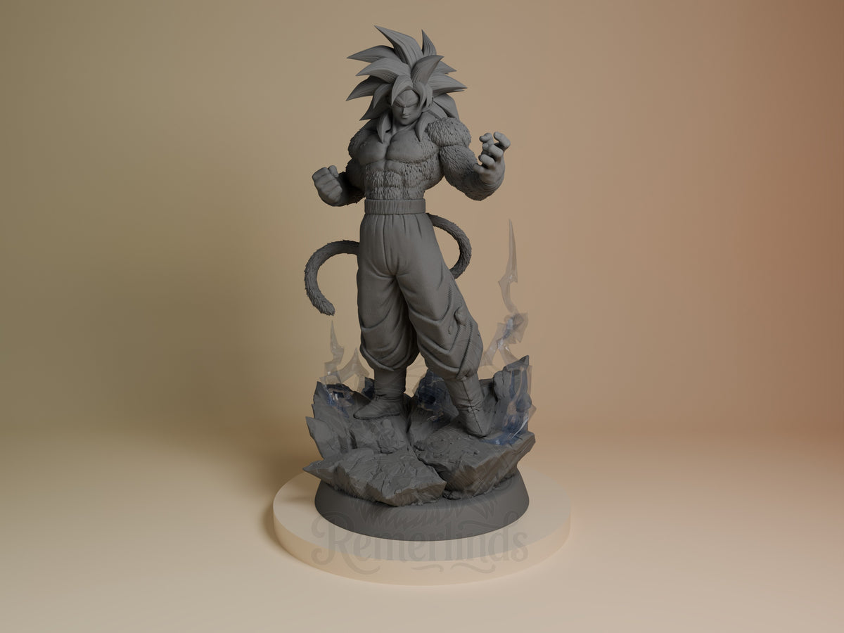 Gakeh resin figure from Dragon Sphere Y by Tanuki, unpainted gray, front view standing on rocky base with fists raised in fighting pose.