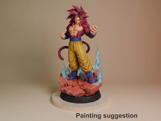 Gakeh from Dragon Sphere Y resin figure in Super Saiyan God form, painted red hair and muscular torso, gold pants, blue boots, standing on rocky base with energy effects.