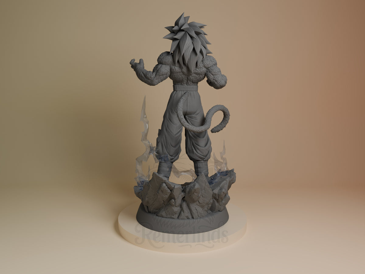 Gakeh resin figure from Dragon Sphere Y shown from left angle, unpainted gray resin, dynamic posed stance with tail, fluffy hair, on rocky base.