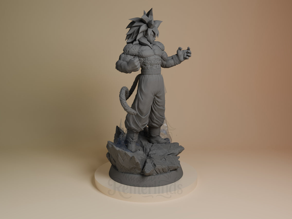 Gakeh resin figure from Dragon Sphere Y, shown from right side in dynamic pose on rocky base, unpainted grey finish, detailed fur and clothing sculpting visible.
