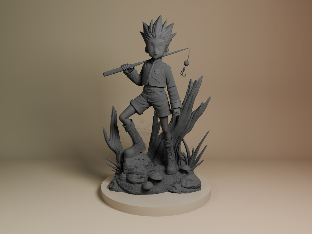 Gale Tracker x Tracker 3D printed resin figure by myAnimate, unpainted front view. This 3D printed resin miniature figure depicts a young character standing confidently with one foot placed on a rock. He holds a fishing rod casually over his shoulder, dressed in a jacket, shorts, and boots, with stylized spiky hair. The figure stands on a detailed naturalistic base that includes elements like rocks, mushrooms, grass, and tree stumps, creating a dynamic outdoor scene.