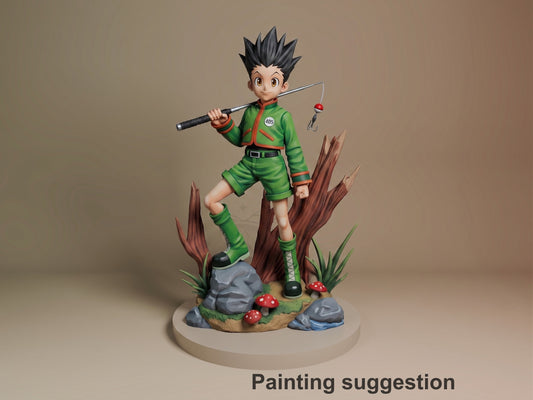 Gon from Hunter x Hunter resin figure in dynamic fishing pose on nature-themed base with rocks, mushrooms, and dead wood, fully painted in green outfit.