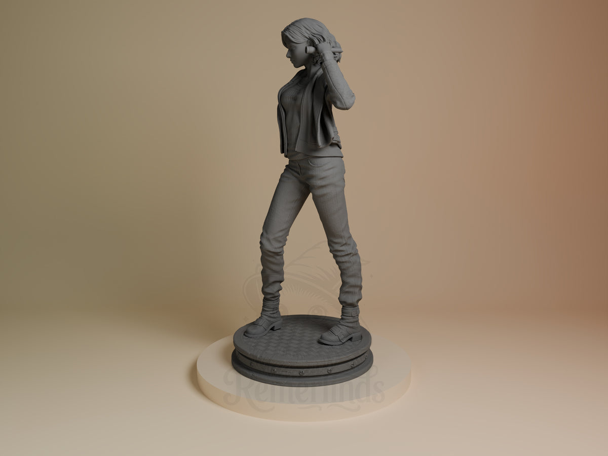 Grace from Resident Evil resin figure shown in side profile, standing pose with hand to neck, unpainted gray finish on circular base.