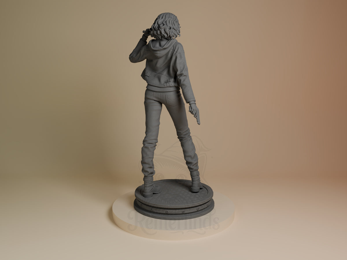 Grace from Resident Evil resin figure viewed from behind, standing on circular base, unpainted gray finish, detailed clothing and wavy hair sculpting visible.