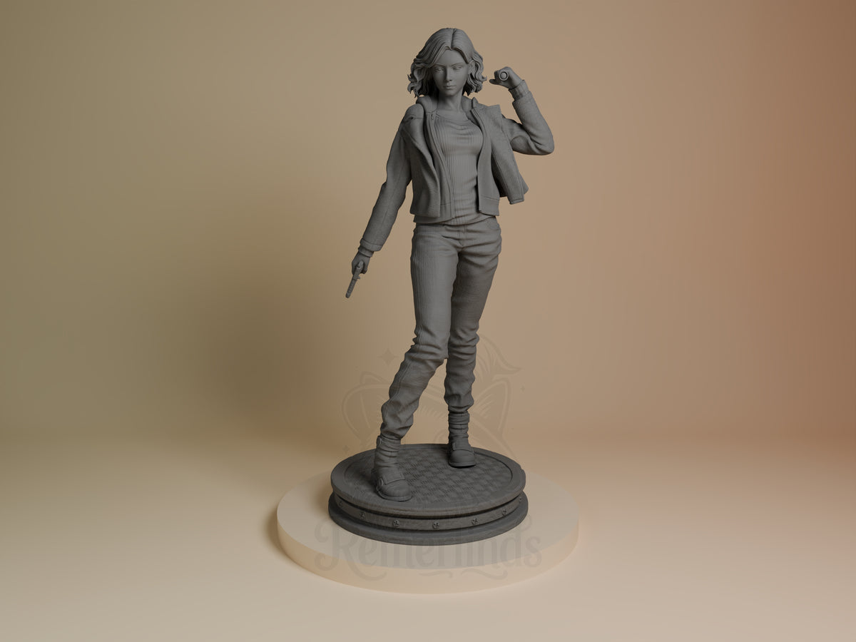 Grace from Resident Evil resin figure shown from front, standing pose with gun and raised hand, unpainted gray finish on circular base.