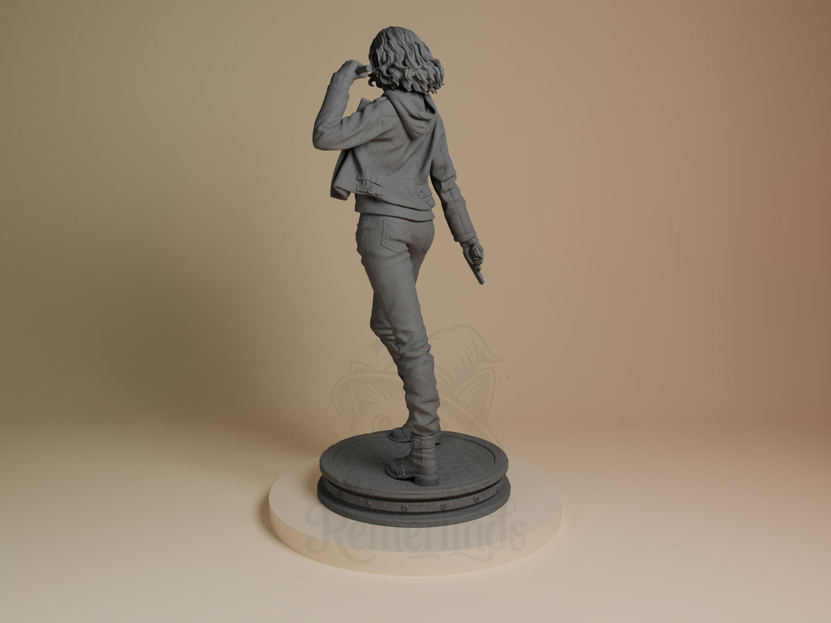 Grace from Resident Evil resin figure shown from behind, standing on circular base, unpainted gray finish, casual pose with hand near head.