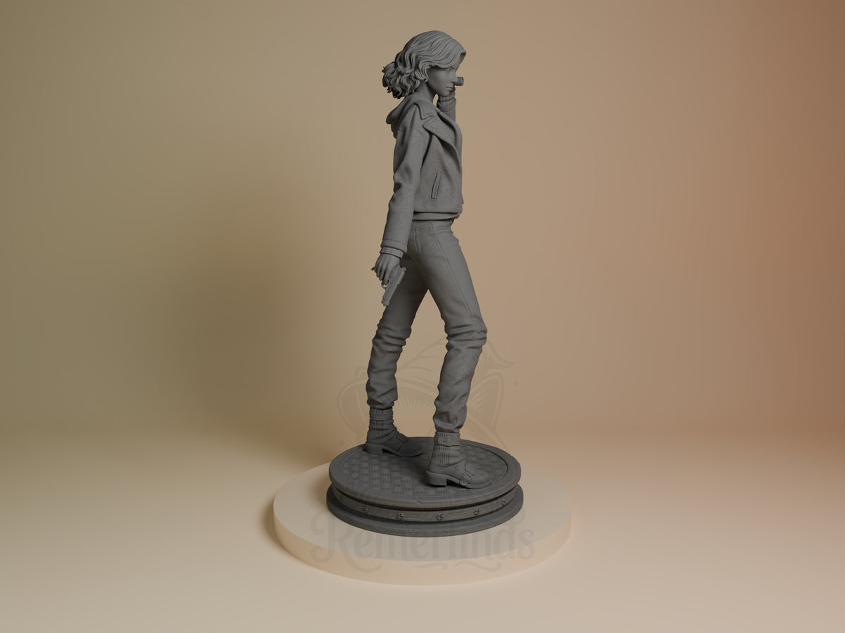 Grace from Resident Evil resin figure shown in right profile, standing pose on circular base, unpainted gray resin.