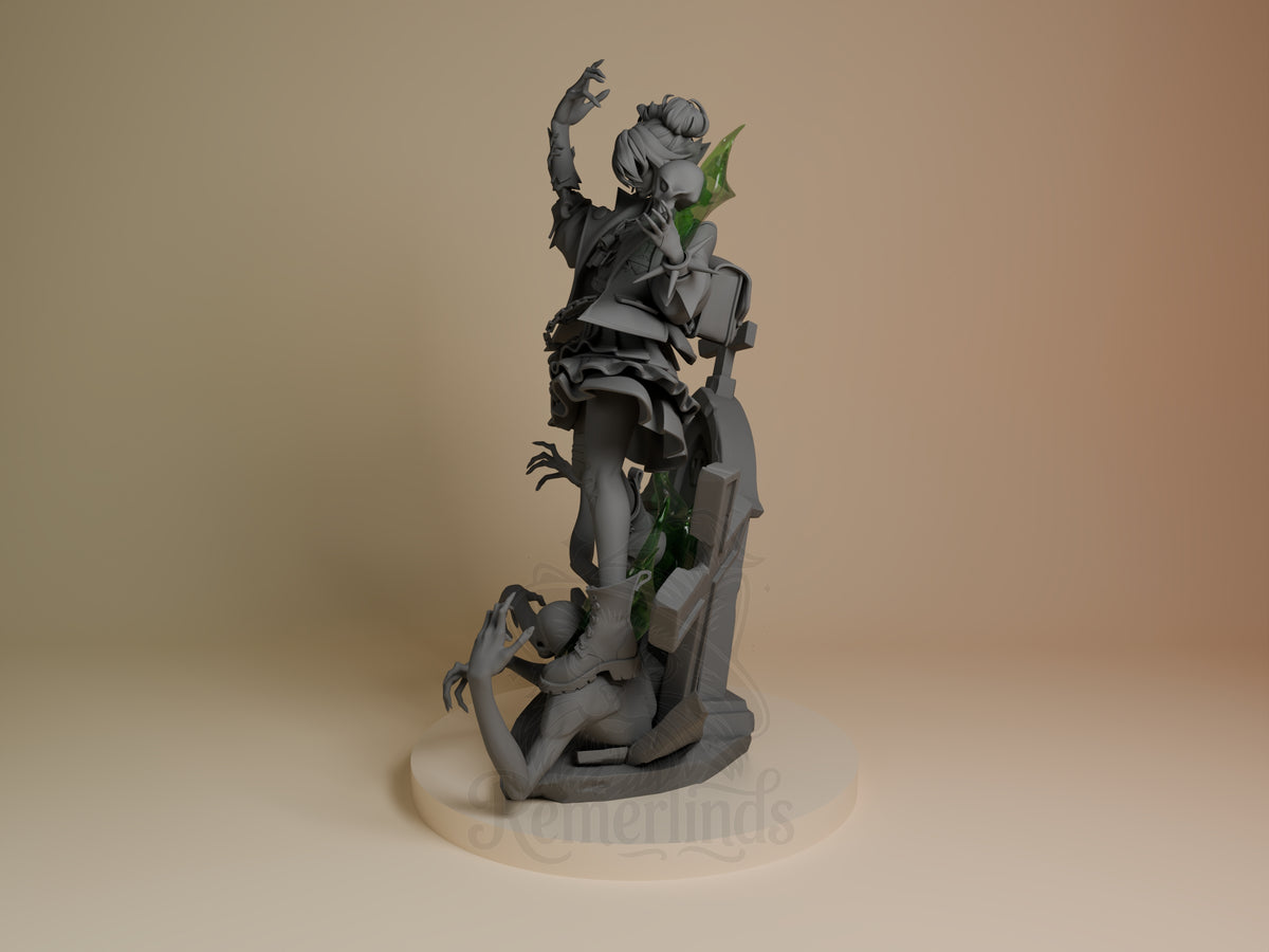 Graves from Deadlock is an unpainted resin figure viewed at an angle in a raised-arm pose on a sculpted base.